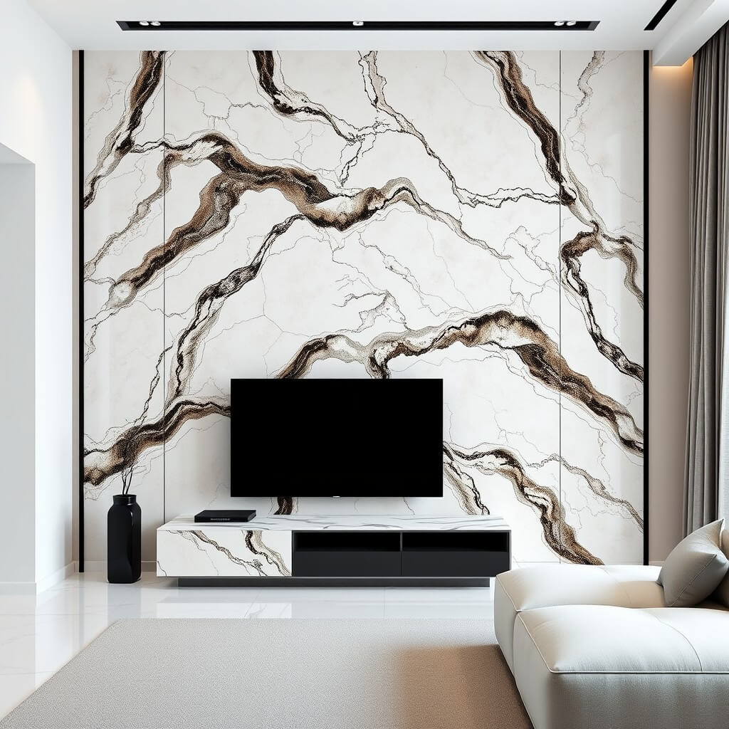 Backdrop TV HPL dengan Marmer