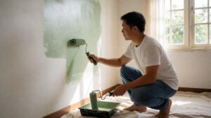 Orang mengecat dinding kamar dengan rol cat warna hijau sage