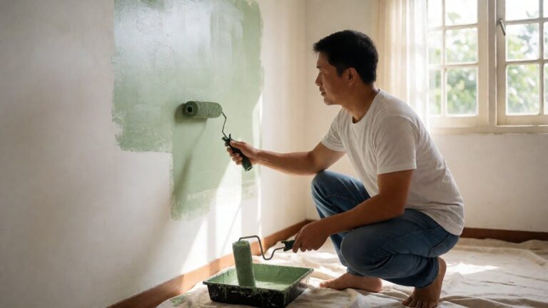 Orang mengecat dinding kamar dengan rol cat warna hijau sage