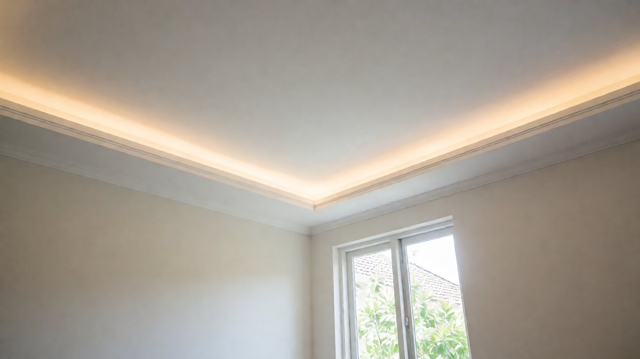 Plafon gypsum putih rapi dengan shadow line modern