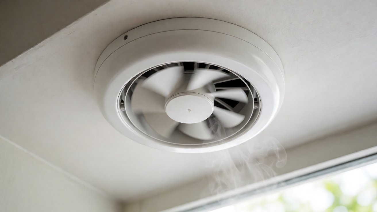 Exhaust fan putih bersih menarik uap air ke atas