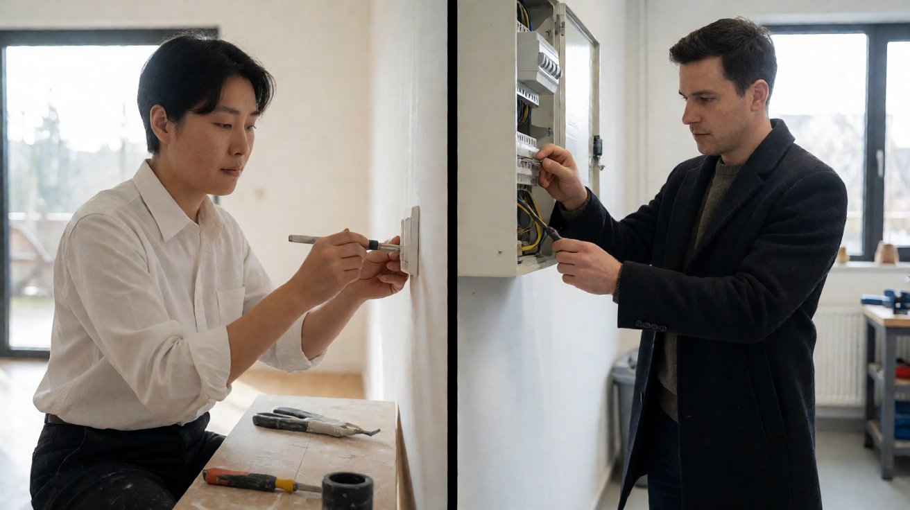 Tukang profesional mengerjakan instalasi listrik panel MCB