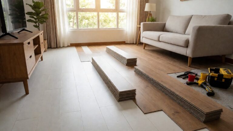 Vinyl plank installation in living room - DIY project